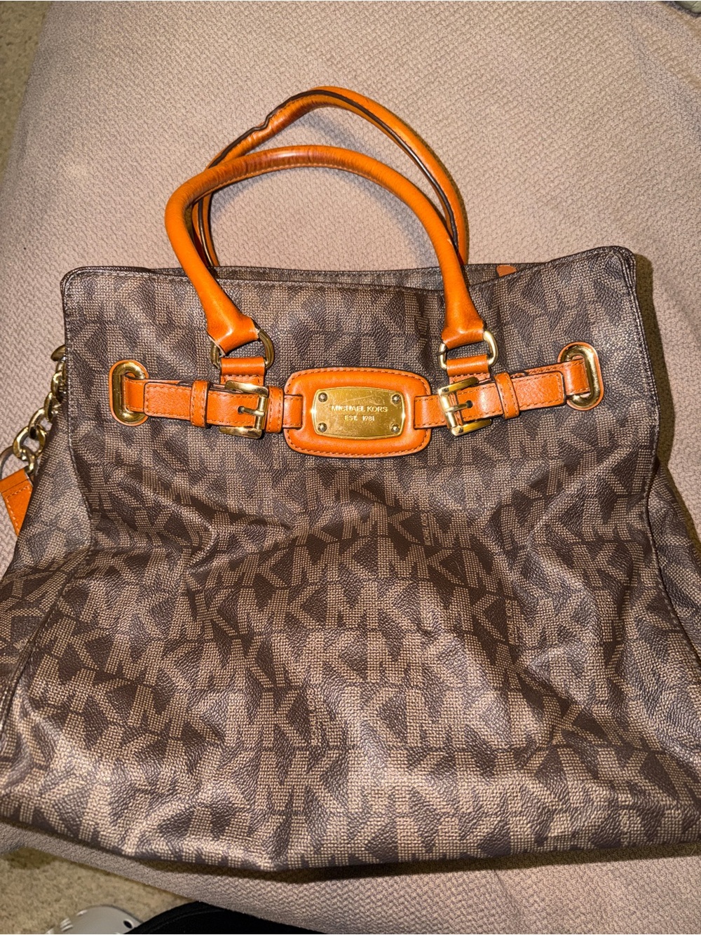 Michael Kors Brown Logo Tote with Orange Leather Accents